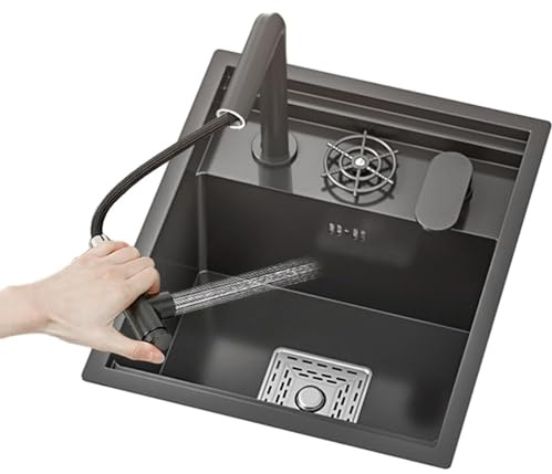 BYFHHHH Black Single Bowl Kitchen Bar, Space-Saving Invisible Sink, 304 Stainless Steel, with Cover, for Small Kitchens, RV A