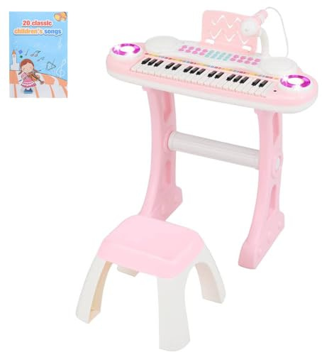 GYMAX 37 Keys Kids Electronic Piano With Detachable Legs, Microphone, Music Score, Record & Playback, Mini Keyboard With Rectangular Stool for Girls Boys (Pink)