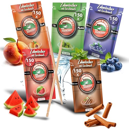 Stoxser 750x Zahnstocher mit Geschmack 5er Pack Zimt und Blaubeere und Pfirsich und Mint/Menthol und Wassermelone Geschmacksrevolution Zahnstocher Geschmack Kein Kaugummi Zuckerfrei