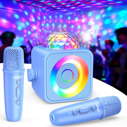 Dislocati Cadeau Garcon 3-15 Ans, Micro Karaoke Enfant & Adulte avec 2 Micro sans Fil Bluetooth Jouet Garcon 4 5 6 7 8 9 10 11 12 Ans avec Lampe Disco LED et Support Micro Enceinte Bleu