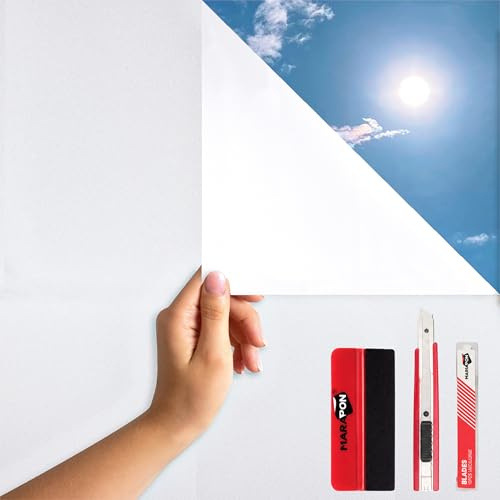 MARAPON Milchglasfolie Weiß 0,75x20 m Set inkl. Rakel Cutter 10 Klingen Statisch haftende Sichtschutzfolie Fenster Milchglasfolie blickdicht von aussen für Bad Küche Büro Privatsphäre Konferenz Dusche