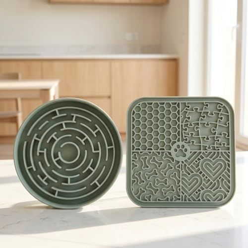 Dog Lick Mat for Anxiety Relief, Slow Feeder Bowl for Dogs & Cats, Silicone Lick Pad with Strong Suction Cups for Pet Grooming, Bath, Tooth Cleaning, Distraction and Calming, Green