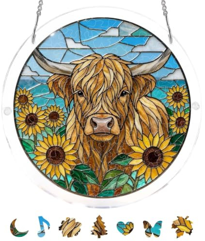 Acrylic Jigsaw Puzzle Suncatcher, 7in Highland Cow Sun Catchers for Windows | Acrylic Puzzles Suncatcher, Hanging Garden Ornaments, Craft Gifts for Women Men Home Decor
