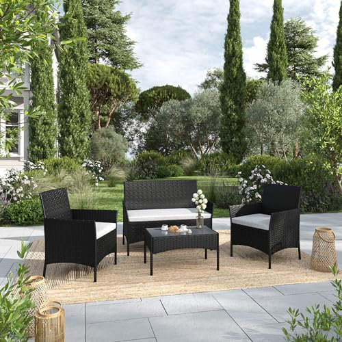 IMS Garden Ensemble Salon de Jardin en Résine Tressée Noir Salon Complet 4 Places avec Coussins Ecru - 1 Canapé 2 Places + 2 Fauteuils en Rotin + 1 Table Basse - IMORA