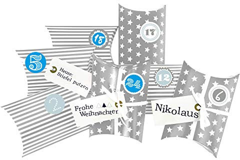 Frau WUNDERVoll® DIY Adventskalender zum Befüllen Christkind, Kissenschachteln 15x11x4,5cm grau Sterne und Streifen, Ziffern blau/Weihnachten, Papiertüten, Kinder, Zahlen, Geschenkbeutel, Aufkleber