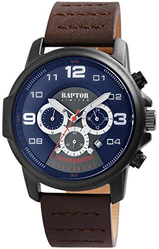 Raptor Limited Herren-Uhr Echt Leder Multifunktion Leuchtzeiger Analog Quarz RA20281 (Dunkelbraun/dunkelblau)