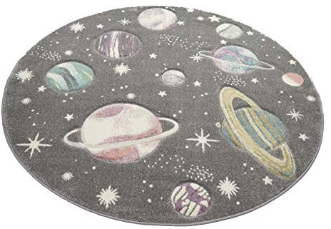 CARPETIA Kinderteppich Weltraum Sterne und Planeten Pastell grau Größe 120 cm Rund