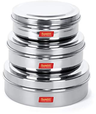 Sumeet Stainless Steel Chocolate Flat Slim N Sleek Canisters/Puri Dabba/Storage Containers Set of 3Pcs Med. Set (No.7-300ML, No.8-480ML, No.9-600ML)