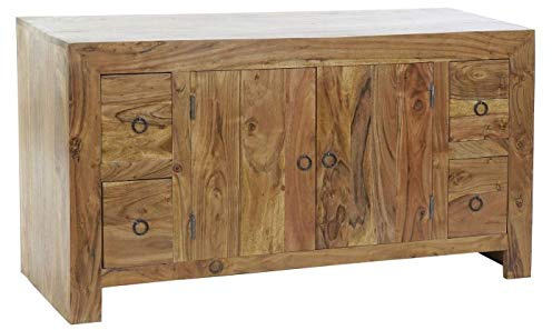 DRW Buffet mit 2 Türen und 4 Schubladen aus massivem Akazienholz, Natur, 110 x 40 x 60 cm
