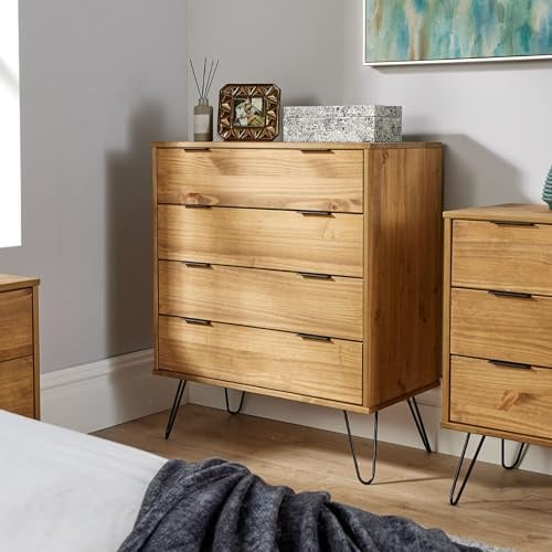 Home Source Acadia Chest of Drawers Cabinet Organiser Industrial Wooden Bedroom Storage Unit, Pine, 4 Drawer