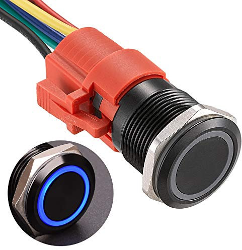 APIELE 19MM Verriegelung Druckschalter 12VDC 5A, Aluminiumlegierung mit LED Ringbeleuchtung wasserdicht Latch Drucktastenschalter, Auto RV LKW Boot EIN/AUS Taste Schalter (Blau)