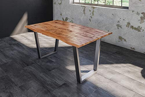 SAM Esstisch Dora 140 x 80 cm, Mangoholz massiv, lackiert & naturfarben, Baumkantentisch mit V-Metallgestell in Silber, echte Baumkante, 26 mm