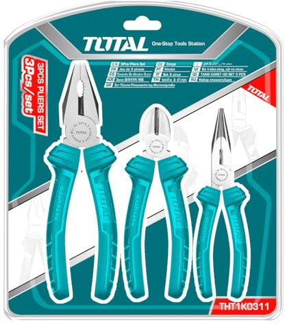 TOTAL - Set di 3 Pinze | Pinza Universale da 180 mm | Pinza Tagliente Diagonale da 160 mm | Pinza a Becchi Piatti da 160 mm | Manico Ergonomico in Fibra | Acciaio | Blu