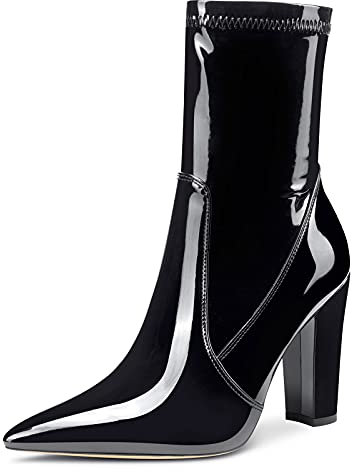 NobleOnly Donna Stivali alla Caviglia Cerniera Polacchine Tacco a Blocco 10CM High Heels Boots Nero Pelle Verniciata Scarpe EU 39