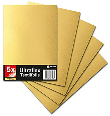 Ultraflex S Textilfolie für Plotter 61 Farben Din A4 Bogen 30x20cm Plotterfolie matt auf Stoffe Kleidung T-Shirt Folie Flexfolie DIY Zubehör (32 Gold, 5er Set)