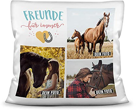 PfotenSchild Pferde Kissen mit Füllung - Fotocollage - Pferdefreunde für Immer - mit DREI Fotos selbst gestalten - Geschenk für Pferdeliebhaber - Weiß, 40 x 40 cm