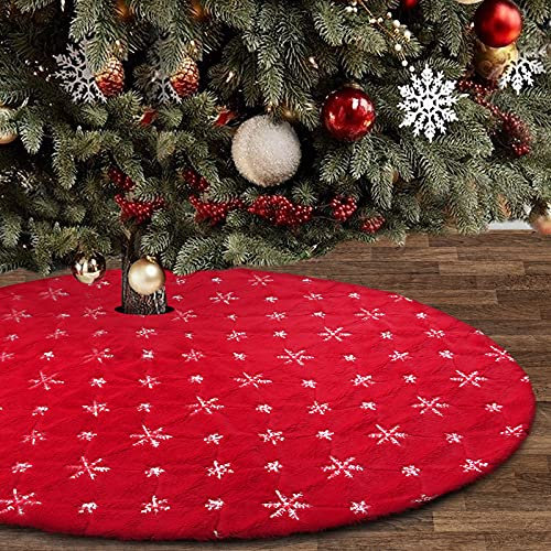 yuboo Gonna per albero di Natale in pelliccia sintetica rossa con fiocchi di neve, 150 cm tappetino per albero di Natale per decorazioni invernali e Capodanno.