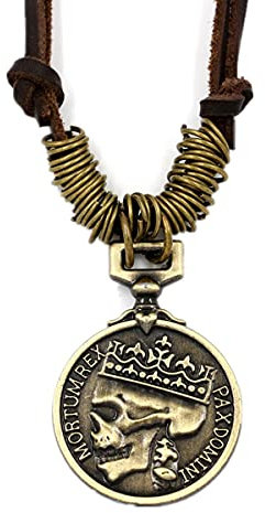 Klassische Herrenhalskette: Braunleder, silberner Totenkopf-Münzanhänger