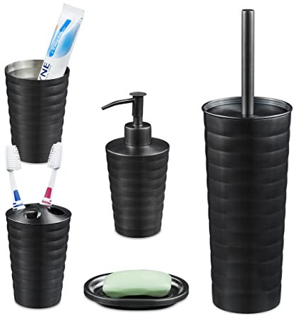 Relaxdays 5-Piece Bathroom Accessory, Brushed Stainless Steel, Complete Toilet Set, Modern Design, Anthracite, 5-TLG