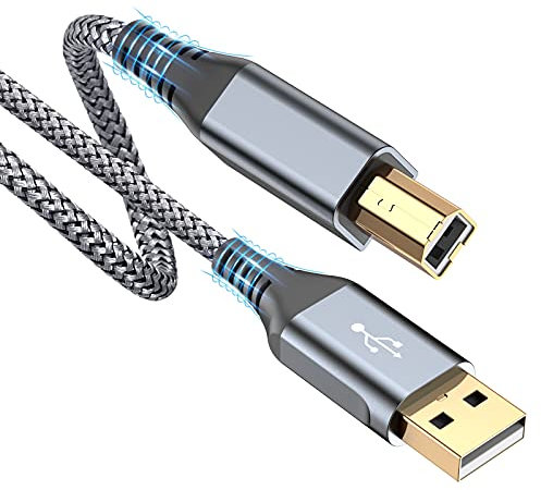 Cable de impresora USB 3 m, cable de escáner USB 2.0 tipo B, cable USB A a USB B, cable de impresora compatible con HP, Dell, Canon, Epson, Lexmark, Xerox, Brother, Samsung, Pixma (gris)