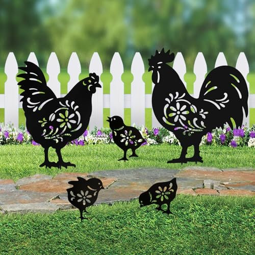 Hokfirm Garten Metallpfähle Outdoor Gartenkunst Bauernhof Rasen Dekor Tier Silhouette Gartenstecker Huhn Statuen 4er Set