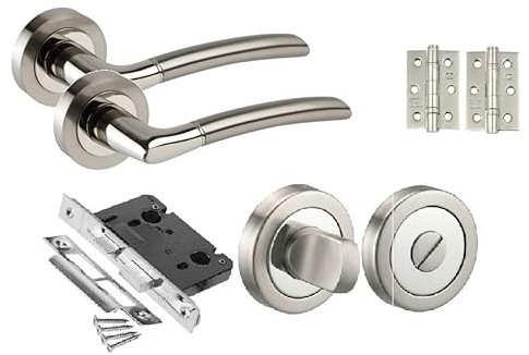 Golden Grace Indiana Door Handle Lever Latch Pack, Dual Chrome Finish | Includes 3-inch ball bearing hinges, a 64mm mortise lock and keys with a screw-on rose to cleanly conceal fixings.