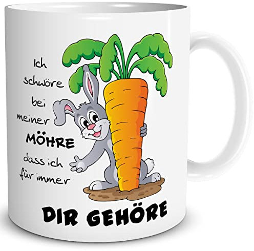 TRIOSK Hasen Tasse Möhre mit Spruch Hase lustig Liebesspruch Ich Schwöre Geschenk für Ostern Valentinstag Sie Ihn Verliebte Männer Frauen, Keramik 300ml