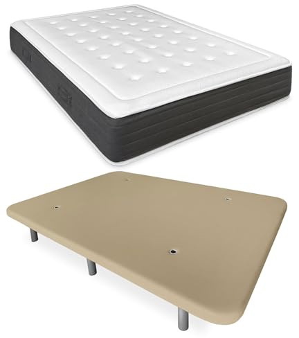 DUÉRMETE ONLINE Komplettes Bett mit viskoelastischer Matratze Bio Nature + verstärkter Polsterboden in Beige mit 6 Metallbeinen, 135 x 190 cm