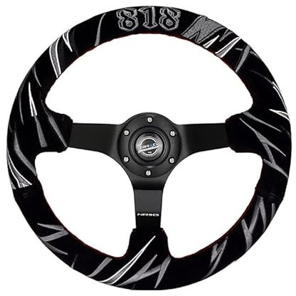 NRG Innovations NRG-RST-036MB-S-JJR verstärktes Lenkrad, 7,6 cm tief, 5 mm mattschwarze Speichen, 350 mm Sportlenkrad, schwarzes Wildleder mit roter Naht