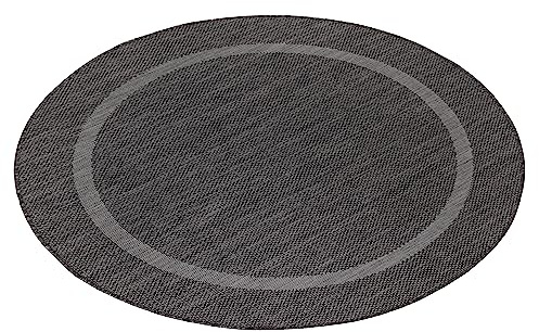 Teppium Outdoor Teppich Wetterfest 160 cm Rund Schwarz Sisal Optik - Küchenteppich Waschbar rutschfest, Wasserfest, Bordüre, Pflegeleicht - Ideal für Balkon, Terassen, Garten, Camping oder Küche