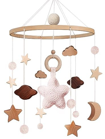 Mobile Baby - Mobile babybett Baby Spielzeug mit Häkeln Stern Mond Wolken Rosa Baby Mobile für bett | Holz Mobile Baby Windspiel Geschenk für mädchen oder Jungen