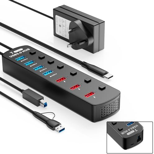 Herfair Powered USB 3.0 Hub, 7 Ports USB Extender, Fast Data Transfer, Compatible with Windows, Mac, Linux, Chrome OS, Smartphone, Printer