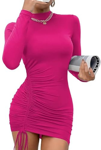 Rongseng Robe Moulante à Manches Longues Sexy Chic pour Femmes - Mini Cordon De Serrage Plissée Courte Décontractée - Mode Élégante pour Soirée Cocktail Party Automne Hiver