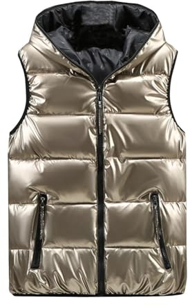 FJIAOXINPONG Gilet Chaud d'hiver pour Femme – Gilet en Duvet Doré Brillant pour Femme, Doudoune Épaisse sans Manches, Vêtements d'hiver Amples, Veste De Ski en Plein Air, Gilet À Capuche Coupe-Vent