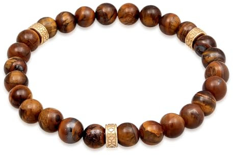 Kuzzoi Buddha Herren Edelstein Armband elastisches aus Tigerauge Perlen (8 mm) Naturstein mit Beads aus 925 Sterling Silber oxidiert Länge 23 cm