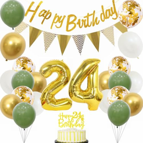 Yunchu Online 24. Geburtstag Deko für Frauen Männer - Sage Grün Weiß Gold Ballons, Tortendeko - Party Dekoration Set