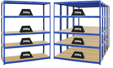 PROREGAL Mega Deal 5er-Set Schwerlastregale Giant Elephant 180x150x45cm mit 5 Ebenen Fachlast 200kg Blau, Kellerregal, Steckregal, Garagenregal, Lagerregal