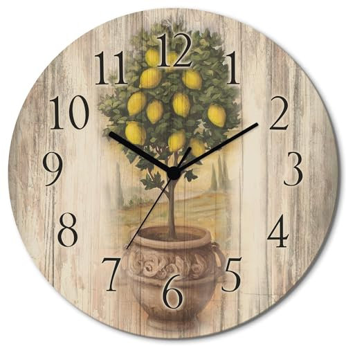 ARTLAND Wanddeko Wanduhr ohne Tickgeräusche aus Holz Quarzuhr lautlos rund Ø 30 cm Zitronenbaum mit Holzoptik U0PT Pflanzen Obstbaum