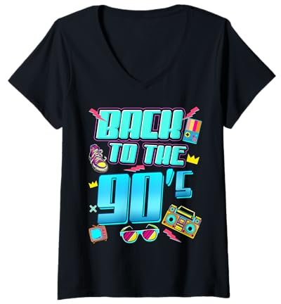 Damen 90er Jahre Outfit Damen Herren Back to the 90s Retro Party T-Shirt mit V-Ausschnitt