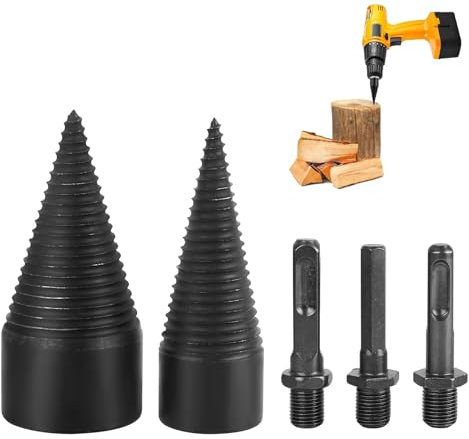 RUCUDIM Log Wood Splitter Drill 42mm + 32mm, 5Pcs Firewood Drill Bit Kit, Screw Cones Splitter, Removable Heavy Duty Drill Screw Splitting with Square/Round/Hexagonal Shanks for Electric Hand Drill