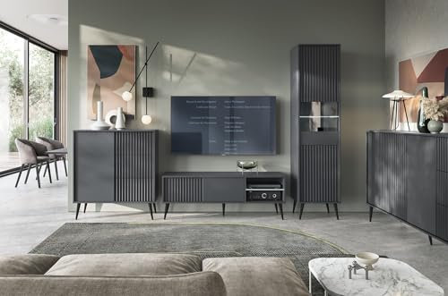 All4All Wohnzimmer-Set Barcello, Wohnzimmermöbel Anthrazit Grau Matt, Wohnwand mit geriffelten Fronten, Loft, Industriell, Grifflos, Schwarze Füße, Couchtisch, Vitrine, Fernsehrschrank 05 (Ganze Set)
