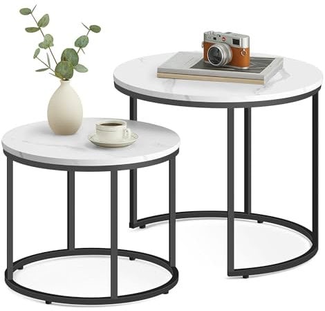 Home Collective Couchtisch 2er Set Rund Beistelltisch Loft Design 2 in 1 Verschachtelung Kratzfeste Oberfläche, Wohnzimmer | 53cm und 43cm Breit Marmor Optik mit schwarzen Beinen