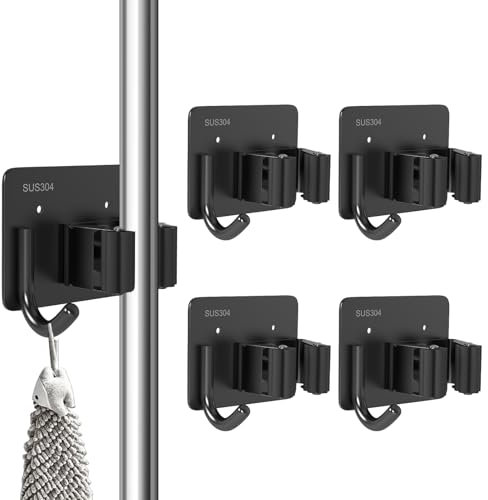 3-H Besenhalterung Wand Selbstklebend, 4 Stück Gerätehalter Besenhalter ohne Bohren, Edelstahl Besen Wandhalterung mit Haken, Gartengerätehalter, Werkzeughalter für Küche, Badezimmer, Garten, Schwarz