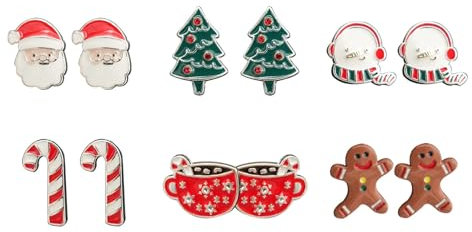 Weihnachten Ohrstecker Set, 6 Paare Ohrstecker Weihnachten, Weihnachtsohrstecker, Santa Schneemänner Krücke Weihnachtsbaum Ohrstecker, Weihnachtsschmuck für Mädchen und Frauen