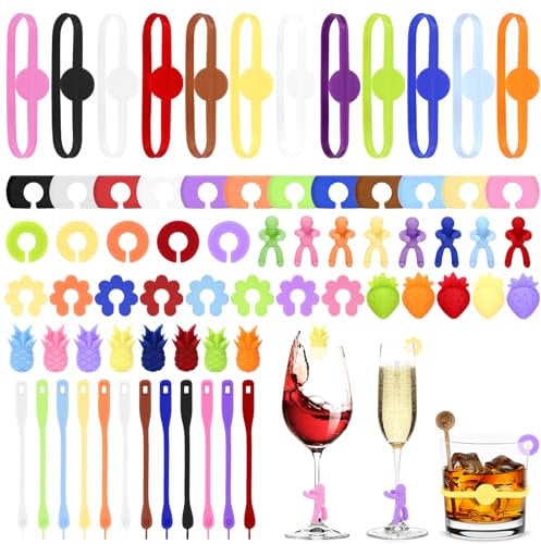 Kasanni Glasmarkierer 70 Pcs Glas Markierung TrinkgläSer Wiederverwendbar Glasmarkierer Silikon Geeignet FüR Bar-Partydekorationen Wie WeingläSer, ChampagnergläSer, MartinigläSer Usw.