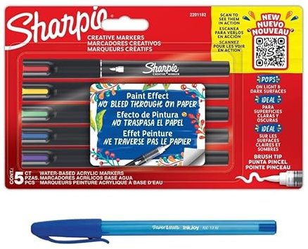 Sharpie Set Creative Acrylic Markers 5 Count Brush Tip + Paper Mate Pen Gift