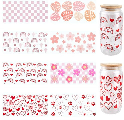 SOFPLATE 8 Stück 8 Stile uv dtf Sticker Becher Rosa UV DTF Becher Wraps Transparenter Herz Blume Floral Quadratisch Fußabdruck Regenbogen Kaktus Wasserdichte Aufkleber Für Becher Holzdekorat