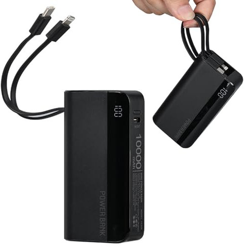 IAIGG Mini Power Bank 10000mAh, Fast Charging Portable Phone Charger with Built-in Cables (Removable), 22.5W USB C LED Display Small Battery Pack for iPhone 14 13 Samsung Galaxy Android Tablet (Black)