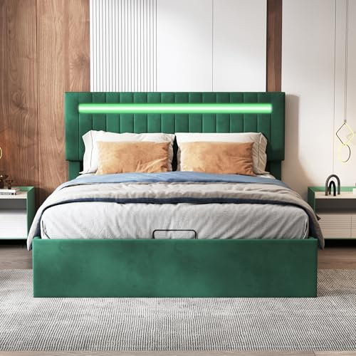PerGar Doppelbett aus grünem Samt, Polsterbett mit Bettkasten und LED-Beleuchtung, Bett mit pneumatischer Stangenaufbewahrung, höhenverstellbares Kopfteil für Teenager, Lattenrost (160x200cm)