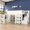 Kinderhochbett, Multifunktionales Kinderbett, Mit Ausziehbarem Schreibtisch Und Seitlichem Ablagefach, Mit Schrank, Mit Schublade, Mit Treppe Und Treppenschrank, Ohne Matratze, MDF, Weiß 90*200